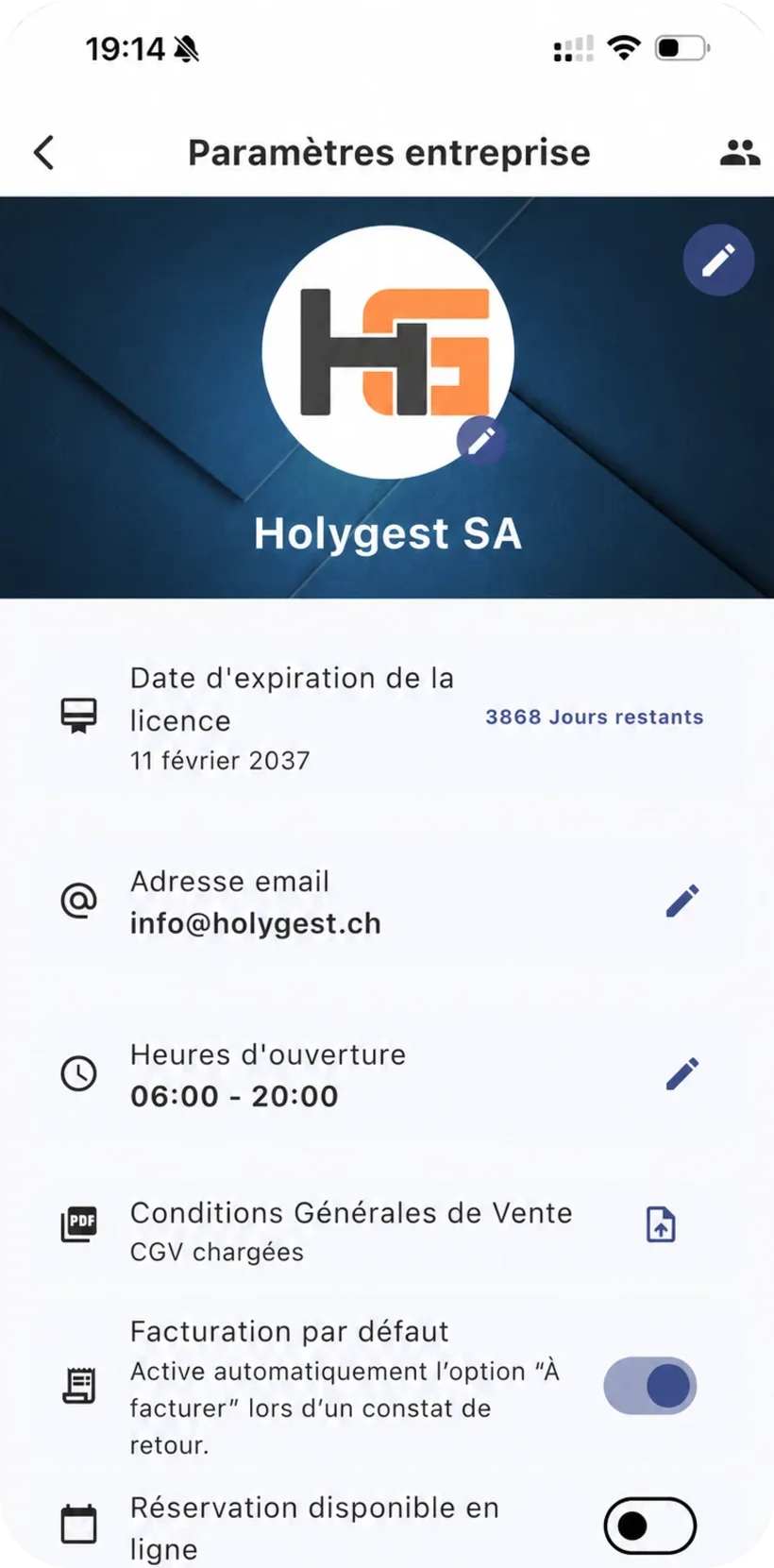 Paramètres entreprise sur mobile