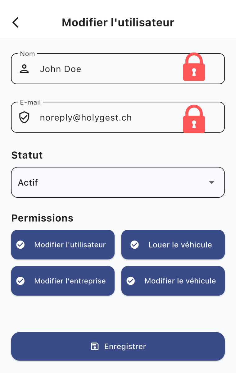 Écran modification utilisateur