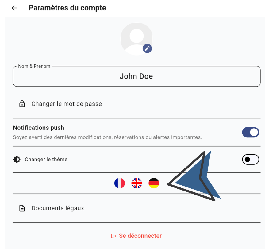 Choix de la langue dans Paramètres du compte