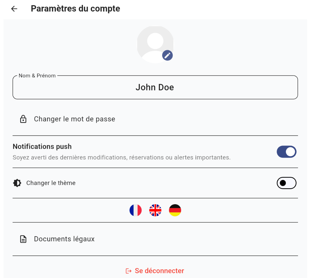 Paramètres du compte : nom, photo, options