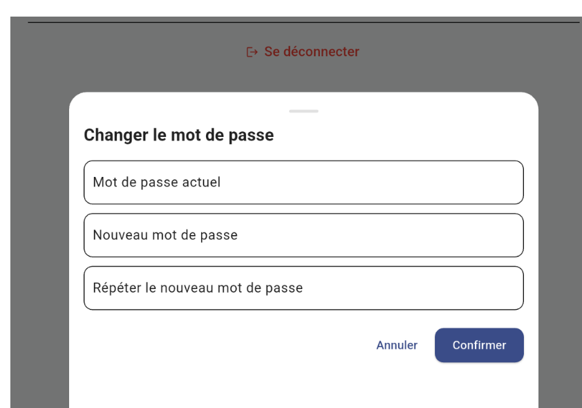 Ecran changement de mot de passe